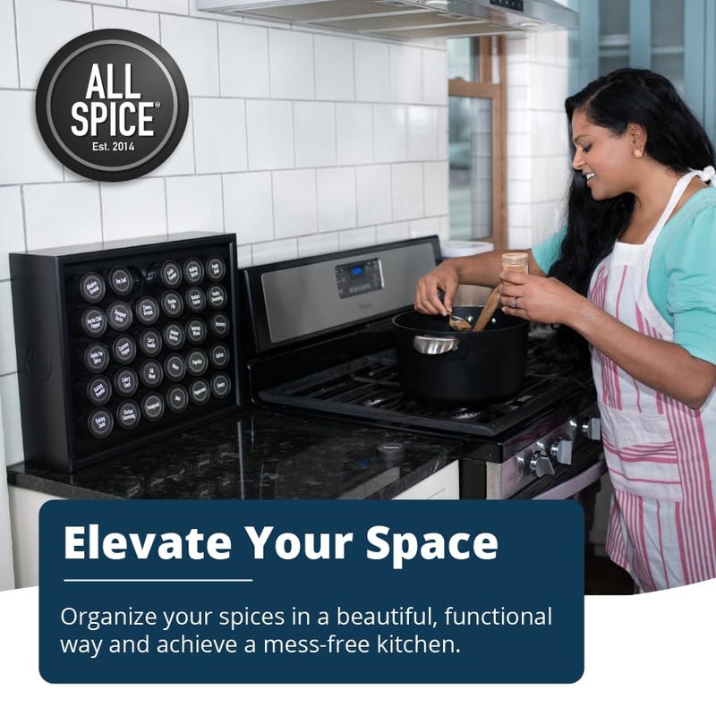 AllSpice Spice Rack Organizer, Wood, 525 Unique Labels, Countertop or Wall Mount, Includes 30 4oz Jars- Matte Black - Image 2